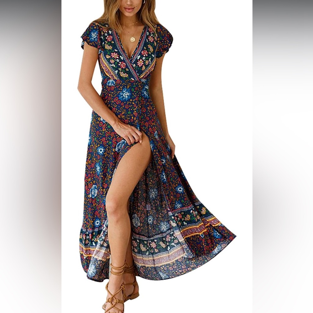 🌸Womens Boho Wrap Dress Size XL Floral Short Sleeve Slit By Temofon🌸